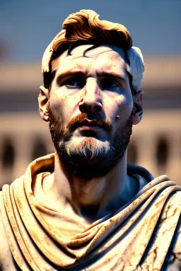 Realistic image, Roman sculpture made in white marble with gold veins, Lionel messi with gold halo crown, two blue brushes, decorative star on the chest, waist up portrait, marble material, gold ornaments, Baroque style, sun rays background, epic, celestial, cinematic lighting, God lights, 4k resolution, smooth details, soft lighting, unreal engine 5, art station, substance 3d.