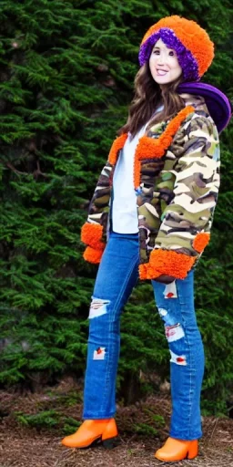 Brunette.thick thighs,thick calves,normal bodytype. big head. Mantle is sewed of upcycled Denim and sewed together of camouflage pieces. Pieces' color are orange, cream and purple. It is with big bright purple felt tippet and cream-colored-hood. mantle is merged with satchel. . Big AKG-style headphones (gold rings!) is merged with small felt cap with small visor. Style: Haute Couture in 1920's, N.Y.C fashion in 1996, inspired by street art. Cream latex gaiter. Her head and rest body visib