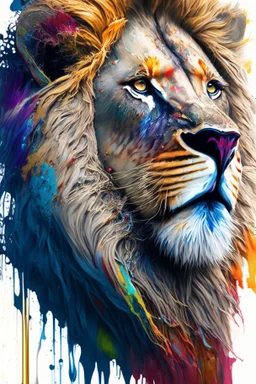 "lion", clean design, art station, splash of colorful paint, contour, ((solid white background)), gazing into camera, hyperdetailed intricately detailed, unreal engine, fantastical, intricate detail, splash screen, complementary colors, fantasy concept art, 8k resolution, DeviantArt masterpiece, paint dripping