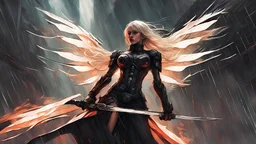 biomechanical women, beautiful, cyberpunk, dusty blonde, short square, large biomechanical black wings, sword, cybernetic, dynamic pose, rain, wind, ashes, flashes of fiery threads, sketch art, fine lines, grunge, sensual, darkness, dark colors, by Raymond Swanland & Alyssa Monks & Anna Razumovskaya