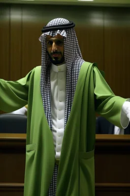 A person wearing a Saudi formal suit pleads before a court. The picture is not clear