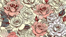 Floral bloom. Silhouettes of large roses and petals. Outline sketch contour drawing, Line art. Seamless pattern made of garden flowers. Fashion design for fabric and textile, postcards, wallpaper.