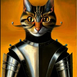 oil painting of a beautiful symmetrical cat with armor, XV century, by El Bosco, Leonardo da Vinci, Goya 8k