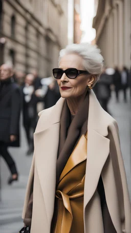 Fashion show walk onto the street. Mature women after 40+. Fendi Coat Jacket