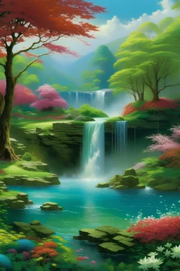 ARBOLES FRONDOSOS CON DISTINTOS TONOS DE VERDES, FLORES DE COLORES, UN PEQUEÑO LAGO DE AGUA CRISTALINA CON PIEDRAS Y UNA CASCADA RELUCIENTE