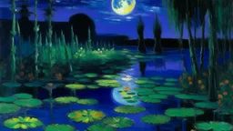 A purplish indigo lilypond under the moonlight painted by Claude Monet