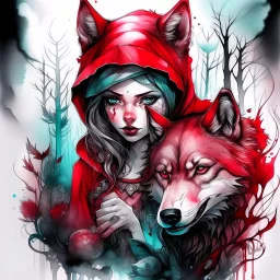 An over-detailed colored portrait of Little Red Riding Hood in a double exposure with an Wolf in enchanted forest, dark tone, high contrast, black ink splash art, Watercolor drawing with stunning transparent gradients and a characteristic over-detailed texture through which light breaks through, a clear and bright linework tattoo drawing, strokes of oil paint is applied on top of the watercolor. Concept art in the highest quality, 16K, Hyperrealistic, splash