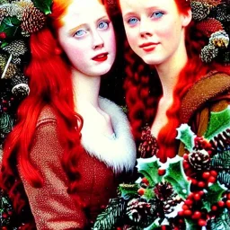 young Deborah Ann Woll and teen Robyn Lively, beautiful faces, meticulously detailed red hair; forest, snow, ethereal fantasy maximalist matte painting. Hues of Christmas. realistic. Victorian era, snowflakes, holly, pinecones, old fashioned, vintage, antique, beautiful, renaissance, 16k