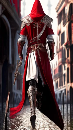 Assassin creed con dagas y espadas detalles en los pantalones en el pecho y en las botas caminando por Venezia capa arte digital hiperdetallado detalles intrincados obra de arte blanco rojo 8k