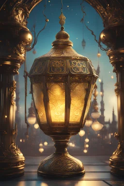 lantern with gold decoration <lora:djzGlassDeviceV21:0.5> Phenomenal mdjrny-v4 digital painting on glass, shot with Canon 5d, bumped on Ramadan lantern with golden ornament Illustration in a VR environment, futuristic 3D AD and virtual landscape, surreal cyberpunk art style, influenced by Camera: Point of View, Lens: Augmented Reality Lens, View Style: Isometric Assets, Resolution 4K, (((Cyberpunk)))