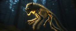 radiant Werewolf Skeleton with lotsa fluffy fur, motion blur background dark forest in the style of fallout 4