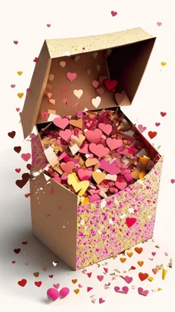 Open box stuffed with love letters, hearts, heart confetti, love explosion, very realistic, detailed, vibrant colors.