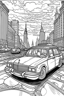 Outline art, no shading, taxi on the road, cartoon style, black and white, low detail, --ar 9:11