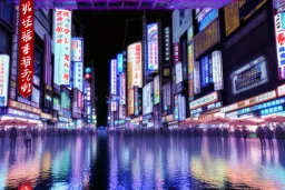 Cinematic view of Tokyo city at night, melancholic, buildings with blue neon lights, rain, high definition, 3D, Blender