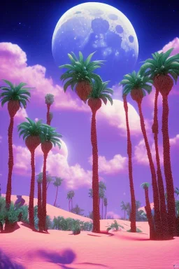 1980's aesthetic vaporwave palm trees with lighting with moon in the desert sand