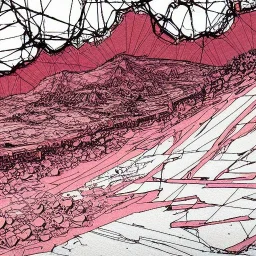  line Art coloured, destroyed, post apocalyptic, darkred tones,