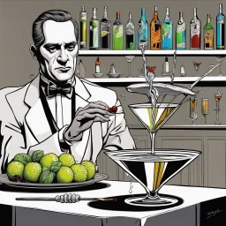 Surreal martini, by Michael Godard, hypersurreal, sinister white vapor, crazy swizzle stick.