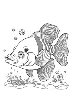a clownfish dive into the deep sea, clean line art, monochrome, for kids coloring book, white background