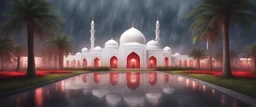 Hyper Realistic massive huge white-red mosque at a rainy night with grassy pathway & palm trees