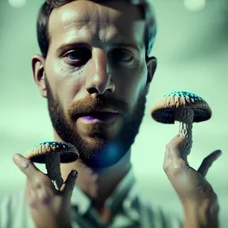 Portrait of Alessandro Borghi eating magic mushrooms, scary visions, 8k, HD, cinematography, photorealistic, Cinematic, Color Grading, Ultra-Wide Angle, Depth of Field, hyper-detailed, beautifully color-coded, insane details, intricate details, beautifully color graded, Cinematic, Color Grading, Editorial Photography, Depth of Field, DOF, Tilt Blur, White Balance, 32k, Super-Resolution, Megapixel, ProPhoto RGB, VR, Halfrear Lighting, Backlight, Na