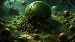 A surreal, macro-level view of a bizarre, alien landscape populated by numerous insect-like creatures. The central focus is a large, bulbous, green, and brown orb covered in smaller, round protrusions and textured with organic, root-like filaments. Surrounding this central mass are many spider-like beings with dark, glossy exoskeletons and long, spindly legs. Some of these creatures are black, while others are a striking blue, red, or brown. They are scattered across a textured, earthy ground, w