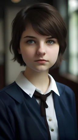 beautiful student, 18 years old, brunette, short hair, in school uniform