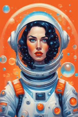 A retrofuturistic portrait of an astronaut woman with dark hair, wearing a space suit and surrounded by floating bubbles on an orange background. She has red lipstick and blue eyes, looking at the camera. The artwork is in a vintage style, reminiscent of classic science fiction illustrations from old books. It's in vibrant colors, with detailed attention to her costume and accessories in the style of classic science fiction illustrations. --ar 4:5 --v 6. 0