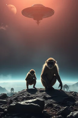 A surface of a planet that is full of monkeys , a UFO Hovering very far in the sky .