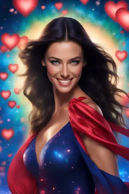 from behind, 3D bubbles, 3D hearts, sunlight, blue skies, magic, multicolored swirling light, aurora borealis, a flowing river of electricity, fireflies, a close-up, facial portrait of a totally gorgeous Megan Gale, with Long Black hair, cobalt blue eyes, smiling a big bright happy smile, wearing a red sling suit with a gold/yellow bat emblem on the lower stomach area, and black boots, professional quality digital photograph, happy time