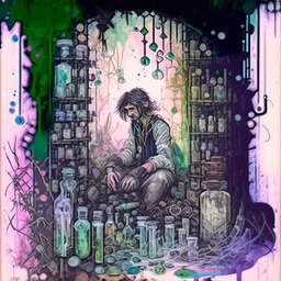 create a watercolour painting , This artwork features a drug addict in a tattered and worn-down laboratory, surrounded by vials, bottles, and herbs. However, instead of producing traditional potions, they are creating fantastical elixirs that unlock portals to other realms. The addict's mind is portrayed as an open doorway through which magical landscapes, mythical creatures, and ancient civilizations can be seen.