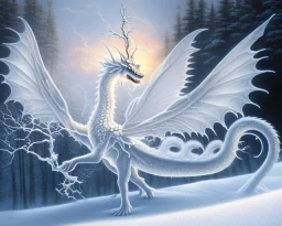 mdjrny-v4 style, a white dragon with fairy-like transparent glowing and shining wings standing in snow, full body, silver lightning, glowing soft and smooth wings, realistic, highly detailed intricately detailed, shiny snowy background, soft studio lighting, trending on artstation, by artist "Julie Bell"