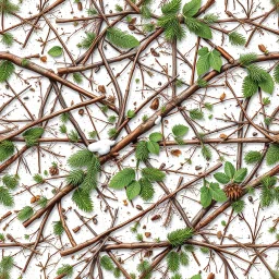 detailed Real Tree Camouflage made of sticks, twigs, leaves, pine branches, snow and dirt, white background, seamless repeatable texture pattern imitating a natural forest background