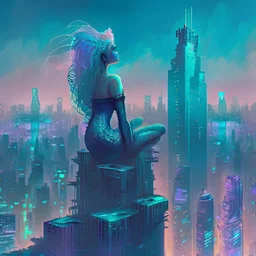 A mermaid perched atop a skyscraper, looking out at the towering neon buildings that jut out of the polluted, smog-filled horizon.