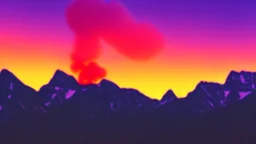 background=(mountains, alberta, forest fires, burning), time=(sunset), style=(vaporwave), effect=(smoke, plumes)