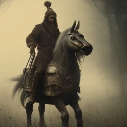 an old viking riding a horse, scary, zombie, steam punk, realistic, made in octane, cinematic, ultra-realistic, extremely detailed octane rendering, 8K, VRAY Super Real ar 2:3, dof photorealistic futuristic 50mm lens hard lighting dark gray tintype photograph, realistic lighting, sepia color