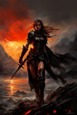 A formidable warrior girl in black armor, on the background Amazing gloomy landscape, flooded with sunset, mountains, trees, fabulous scary hero, , juicy emotions, painting, dark fantasy, bad weather, gloomy day, dark world, by Raymond Swanland & Alyssa Monks & Anna Razumovskaya