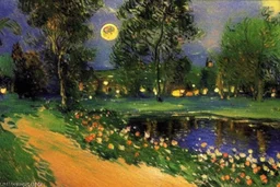 Night, moon, pathway, trees, grass, flowers, pond, distant mountains, distant trees, lesser ury and konstantin korovin impressionism paintings