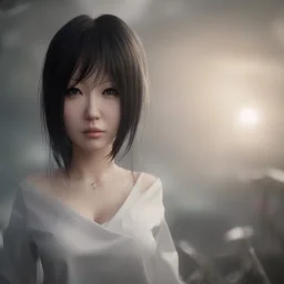 hitomi tanaka, dress white, long black hair, realistic, intriacte detail, sci-fi fantasy style, volumetric lighting, particales,highly detailed,cinamatic, deep colours,8k