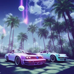 1980's aesthetic vaporwave palm trees and spheres and Porsche with lightning