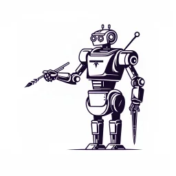 Minimalist cyberpunk logo, robot holding a Quill ,minimalist, vector, T shirt design, continuous, sticker, isolated white background --ar 16:9 --no mockup, shadow, text