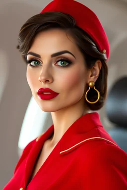 very feminine, brunette 50 year old sexy French stewardess wearing a sidecap in red uniform with pixie cut and strong, seductive makeup, smoky green eyes, large thick pouty bright red lips and large golden earrings who looks a bit like Elodie Cherie or Jeanna Fine