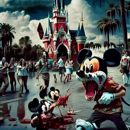 still of rabies crazed mickey mouse, eating a tourist in florida photorealistic retro bloody horror people screaming and puddles of blood around mickey