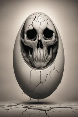 a haunting image of an embryonic human emerging from a cracked egg