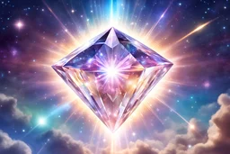a magic crystal brightness diamond floating in the middle of cosmic beautiful sky with stars and beam and light colours
