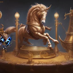 a carousel horse with bar, 1800s, chiaroscuro lighting , 8k UHD, beautiful, realistic, matte painting, centered, illustration, baroque, muted colors,renaissance, artwork, high-quality, rocco, greg rutowski, howard lyon, brian froud, anne stokes