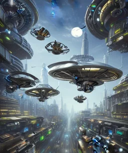 a cynerpunk city with flying cars