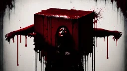 a faceless woman covered in blood holding up a black rectangular box