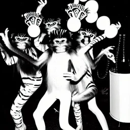 1980s photo of new year's party alien monkey with dancing cats happy