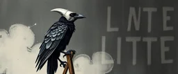 crow knight, wearing mirror hat, climbing ladder, in front of chalk art, a nice little dog poem in the style of escher and giger