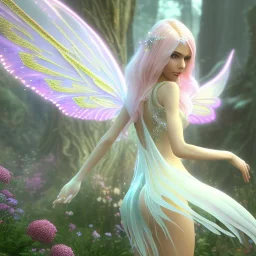 beautiful fairy very etheric, nice smiling, long blond hair, magic glamour pink make up, delicate colors, complete vision of very transparent and big wings, beautiful glamour transparent dress, ultra sharp focus, 8k, unreal engine 5, extremely sharp detail, light effect, soft light atmosphere, smooth, full of details, face in front, complete vision of face and hair and of the body